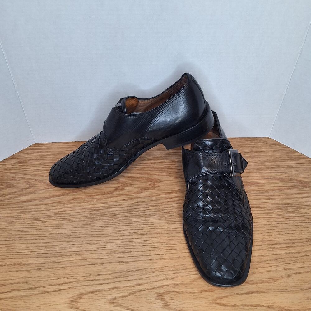 Tasso Elba Italy Men 9.5 Black Woven Leather Single Monk Strap Dress Shoes Fredo